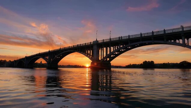 Dramatic 4K sunset video of bridge silhouette against vibrant fiery sky captured from low angle perspective over the water to emphasize the intricate architectural design and peaceful evening
