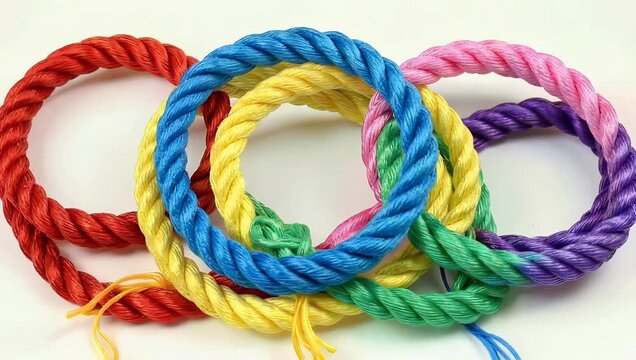 Minimalist 4K studio shot of six different colored rope rings varying sizes hanging against clean white background creating simple yet visually striking and sophisticated geometric composition