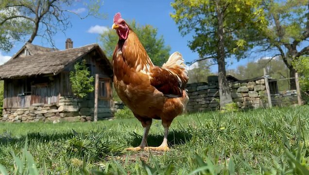 Rustic 4K farm life footage of free range chickens foraging sun drenched yard captured from low perspective to emphasize the warm natural light and peaceful countryside charm
