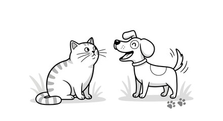 Fototapeta premium Cute cartoon cat and happy dog meeting Simple monochrome vector illustration EPS10 Stock.eps