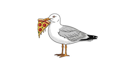 Fototapeta premium Cartoon Seagull Grabbing Pepperoni Pizza Slice Vector EPS10 Stock.eps