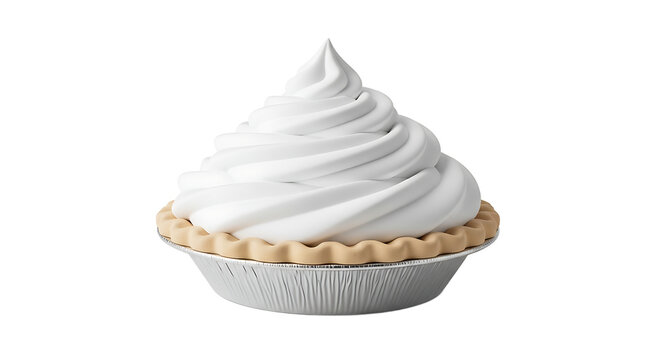 A whipped cream pie sits in a baking dish on a table indoors.