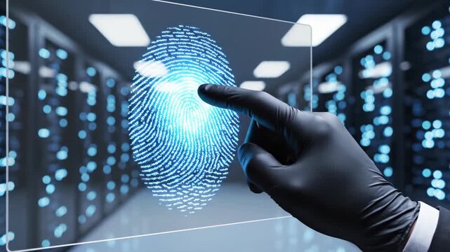 This captures a gloved hand interacting with a digital fingerprint interface in a high-tech server room. The scene is set in a futuristic environment with rows of computer servers in the background