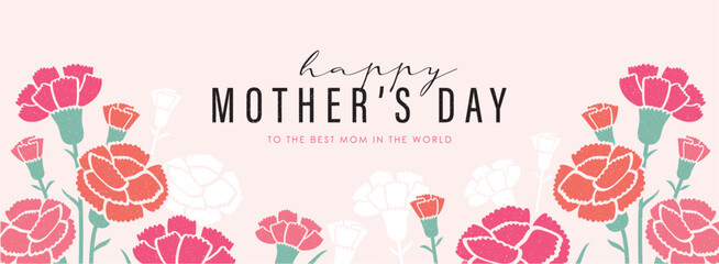 Mother's Day banner with blooming pink flowers, leaves and elegant typography on a pastel background. Floral greeting card design in modern flat decorative spring illustration style. © LittleWhale
