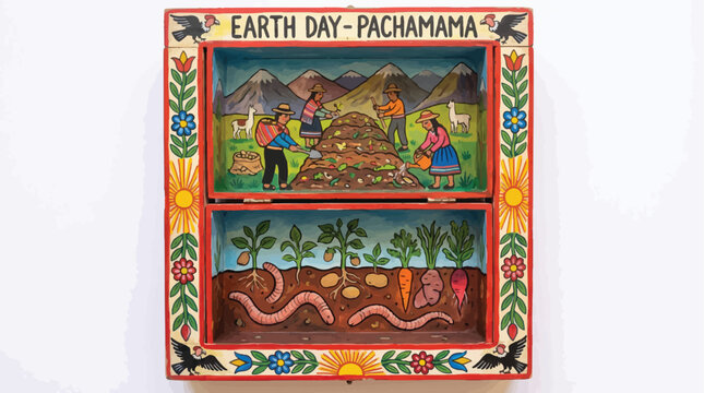 Peruvian retablo folk art for Earth Day Pachamama, traditional Andean diorama of farming and soil health, colorful cultural illustration of Mother Earth