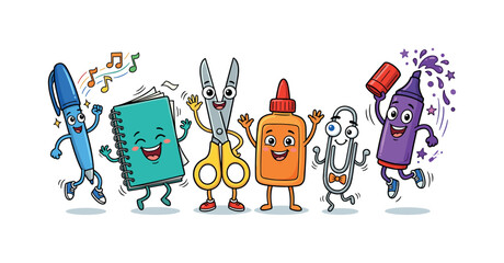 Fototapeta premium Cute anthropomorphic stationery mascots dancing and having fun together