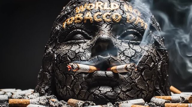 World no tobacco day concept with cracked face and cigarettes