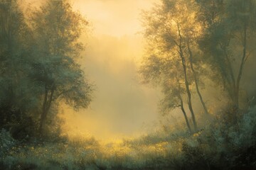 Fototapeta premium Misty golden forest landscape with sunlight filtering through tall trees and soft atmospheric haze