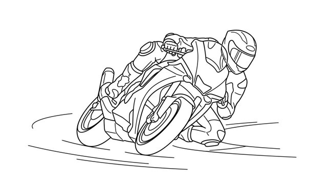 Line art drawing of a motorcyclist leaning into a sharp turn on a race track, depicting speed and agility in a dynamic pose.