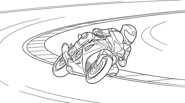 Dynamic line art illustration of a motorcycle racer leaning into a sharp turn on a race track, depicting speed and agility.