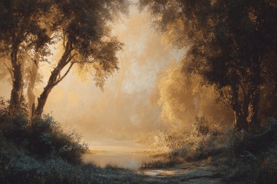 Golden sunlight breaking through clouds and a forest canopy, misty treetops and warm atmospheric sky in painterly landscape