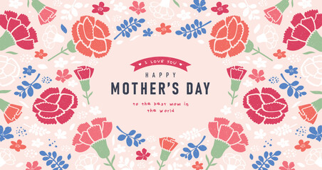 Mother’s Day floral frame design with pink roses, blue blossoms, and decorative leaves surrounding elegant typography on a pastel background. Vector greeting card template in modern flat style. © LittleWhale