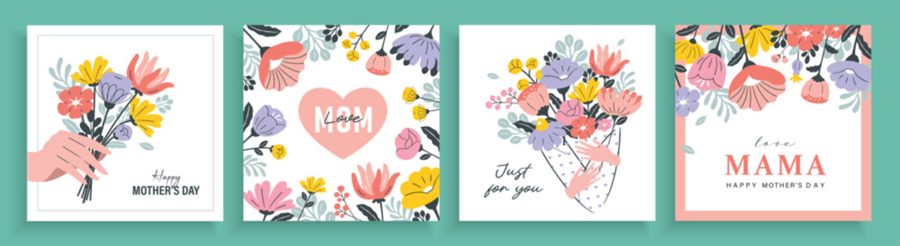 Mother&rsquo;s Day greeting card collection with hand holding bouquet, floral frame, heart wreath, and pastel typography layouts in flat vector style. Spring celebration posters and covers.
