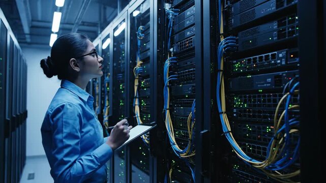 Female technician checking data center server racks. Professional engineer inspecting network equipment. Cloud computing maintenance in modern server room environment.