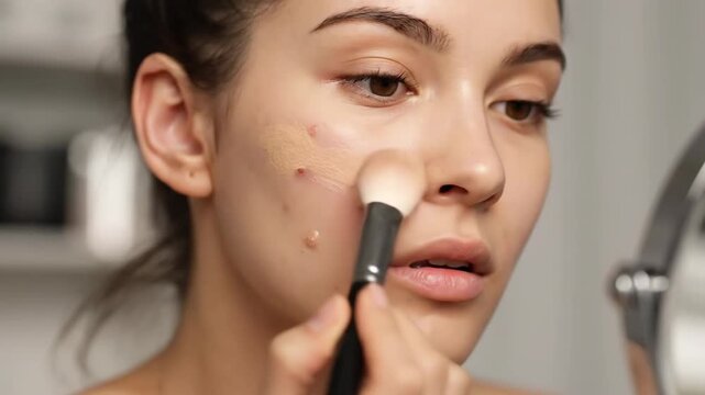 Woman applying makeup on face with brush. Girl using foundation to cover acne and blemish. Routine beauty care and skin problem camouflage for daily skincare.