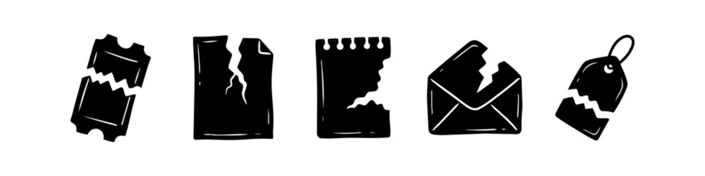 A set of black hand-drawn silhouettes of torn paper items: ticket, document, notepad page, open envelope, and price tag. Minimalist icons isolated on white background.