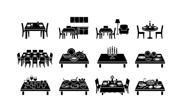 Collection of dining table setups and meal service icons
