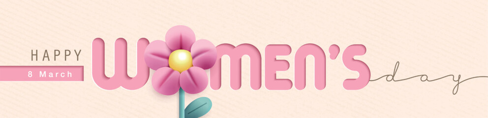 Happy Women's Day typography banner with pink flower, soft pastel background and elegant decorative text. Celebration poster design in modern minimal illustration style. © LittleWhale