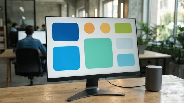 Medium framing of a desktop monitor displaying a simple credit planning dashboard emphasizing clear automated recommendations with blurred office environment behind.