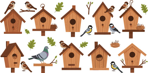 Vintage Hand Sketched Backyard Birdhouse and Wild Bird Vector Set Featuring Sparrows Pigeon Chickadees and Wooden Nesting Boxes for Garden and Nature Graphic Designs © Fahim