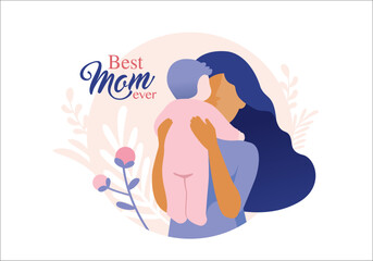 Obraz premium Mother's Day greeting card with mother cuddling baby, hearts and soft botanical elements on a pastel background. Loving family illustration in modern flat decorative style.