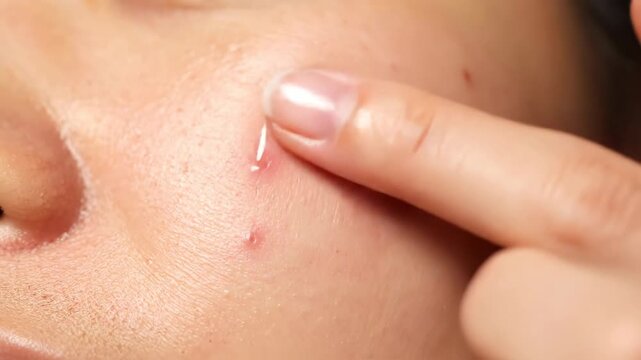 Woman applying medical serum on face skin with acne. Dropper dispensing clear skincare liquid to treat inflammation. Dermatological treatment and beauty concept.