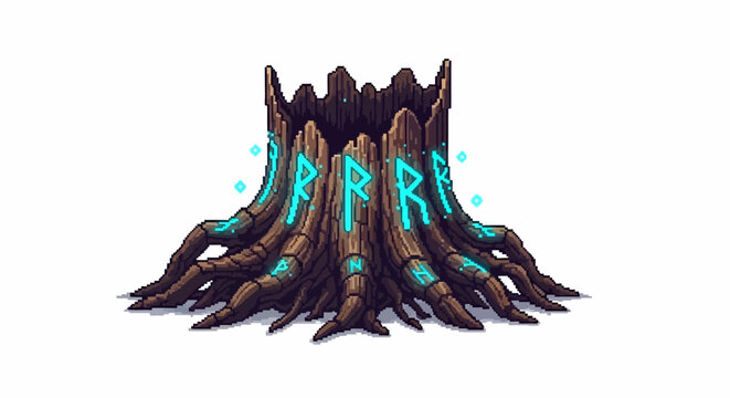 Mystical Ancient Tree Stump With Glowing Runes.