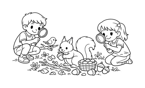 Squirrel acorns with kids holding magnifying glasses, observing a squirrel gathering acorns, branches, small plants, and a tiny