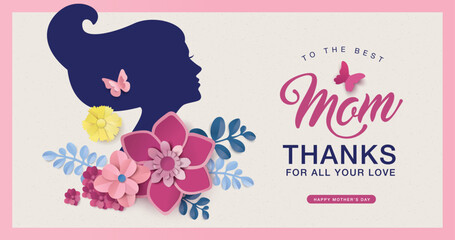 Mother's Day thank you card with woman silhouette, pink flowers, butterfly and elegant typography on a pastel background. Floral greeting design in modern flat vector illustration style. © LittleWhale