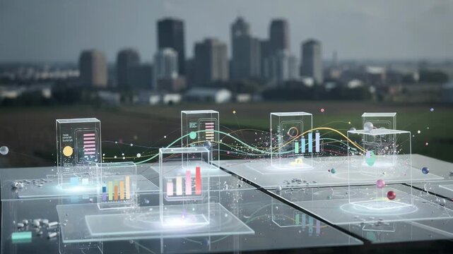 Mixed fleet IoT ATM dashboard in medium view featuring cash levels error reports and connectivity health metrics against an outoffocus cityscape and farmland blend.