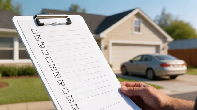 Medium shot of clipboard with insurance checklist near a suburban house exterior a parked sedan blurred in background highlighting property inspection details.