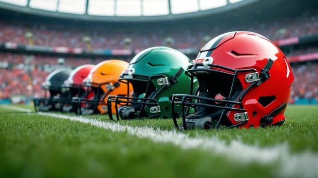 Lineup of vibrant football helmets displayed on green turf at an outdoor stadium. Sports equipment preparing for game day, teamwork and competition in professional American football.