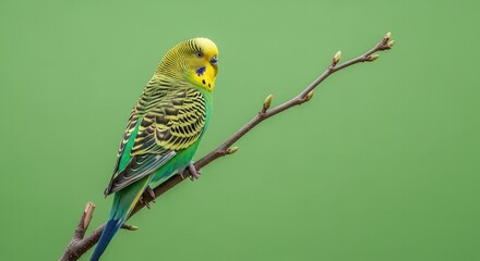 Fototapeta premium Vibrant Yellow Green Parakeet Resting on a Thin Branch Against Soft Green Background