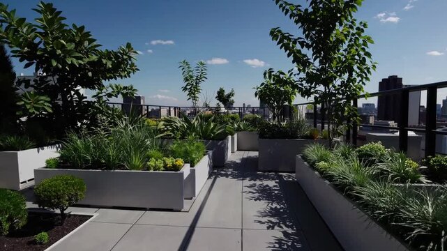 Rooftop garden with modern planters and concrete pathways, lush foliage and glass railing framing city skyline sunlightdrenched terrace designed for resident relaxation, landscaper maintenance,