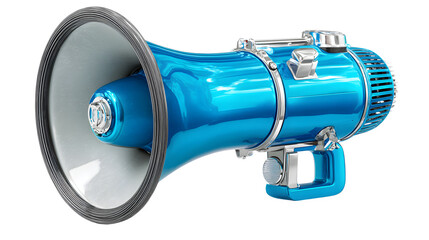 Fototapeta premium Blue and silver megaphone loudhailer, emergency and public communication device, isolated on white background