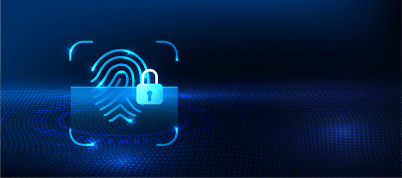 Fingerprint lock scan concept with biometric authentication and secure access icon on blue technology background. Cybersecurity system for identity verification, user access control and digital data p