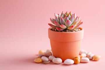 Obraz premium A small terracotta pot holds a succulent plant. The pot is placed on a pink surface with small stones arranged around it. The setting shows a simple indoor display