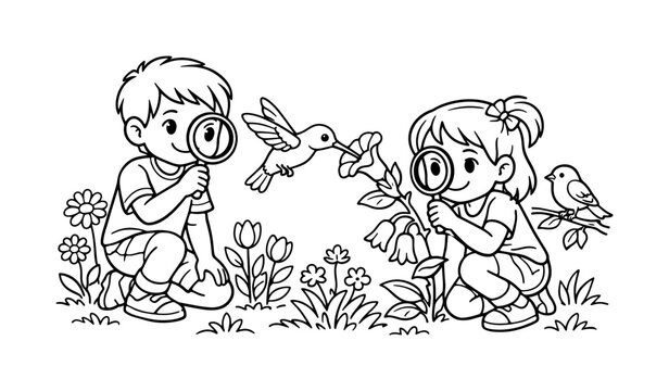 Songbird nest scene with kids kneeling and observing a songbird in a nest, friends laughing nearby, small plants, flowers, and a