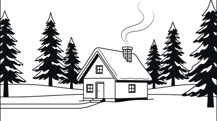 Fototapeta premium Winter Cabin in the Snowy Wilderness: A cozy cabin nestled amidst a snowy forest, its chimney releasing gentle swirls of smoke against the backdrop of towering evergreen trees.