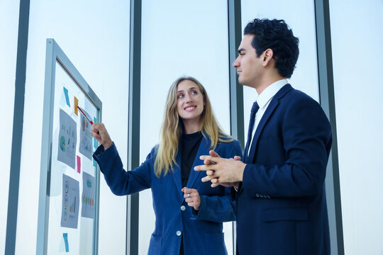 Two businessman and businesswoman partners  in suits smiling standing Talking Discussing presenting financial graph Concept on flip chart board  business expressed embolden and successful concept.