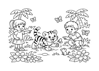 Fototapeta premium Children enjoying a sunny jungle scene, watching a tiger cub playing, smiling and pointing, flowers, friendly butterflies, and a