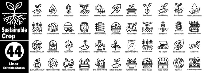 Sustainable crop liner icons set. Collection featuring modern agricultural farming systems, organic growth, environmental protection, and nature technology vector illustration. © Hafiz