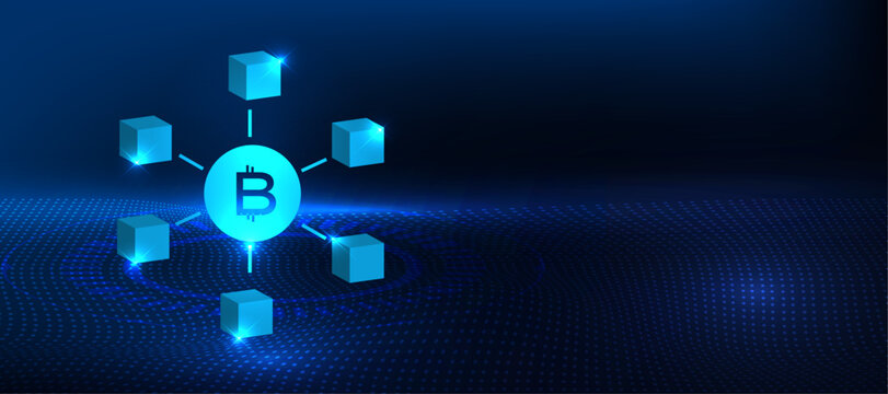 Blockchain network technology concept with cryptocurrency and digital node connection icon on blue background. Decentralized system for secure transactions, data distribution and digital finance.