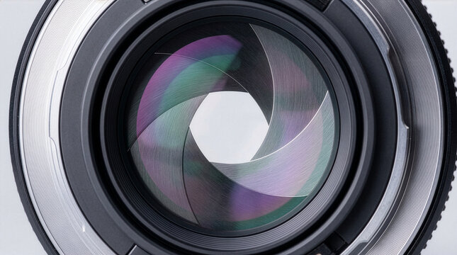 Camera lens aperture forming clean polygon shape, detailed diaphragm blades, precision exposure and optical control concept.