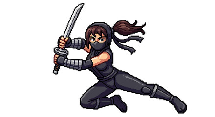 Obraz premium Female Ninja Warrior with Katana Sword in Action Pose.
