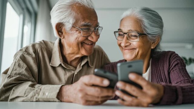 Senior couple peering at smartphone. Curious elderly people explore digital world together, learning new tech. Close up, intimate moment. Tech help for seniors.