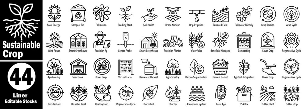 Sustainable crop outline icons set. Featuring eco-friendly agriculture farming methods, organic production, nature conservation, and agri-tech tools vector illustration.