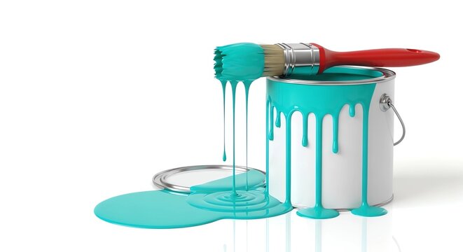 Teal paint dripping from a can and brush on white background