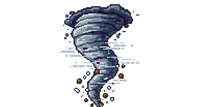 Pixel Art Tornado Swirling Debris and Dust.