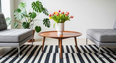 Fototapeta premium Modern Living Room Oasis With A Tropical Plant And Vibrant Tulips